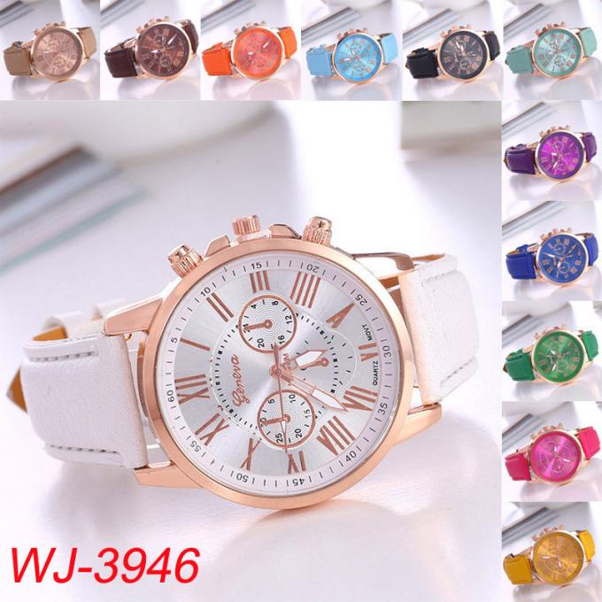 WJ-8426女性の方法手首の品質保証8色の合金の時計ケースのピンクの革バンドの腕時計