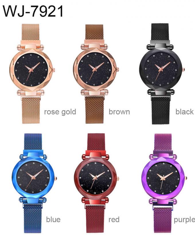 WJ-8656新式の紫色のステンレス鋼の時計バンドの合金の箱5色の磁気革紐のアナログの水晶腕時計
