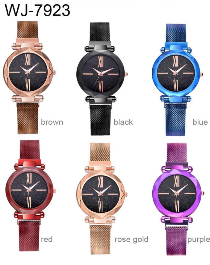 WJ-8656新式の紫色のステンレス鋼の時計バンドの合金の箱5色の磁気革紐のアナログの水晶腕時計