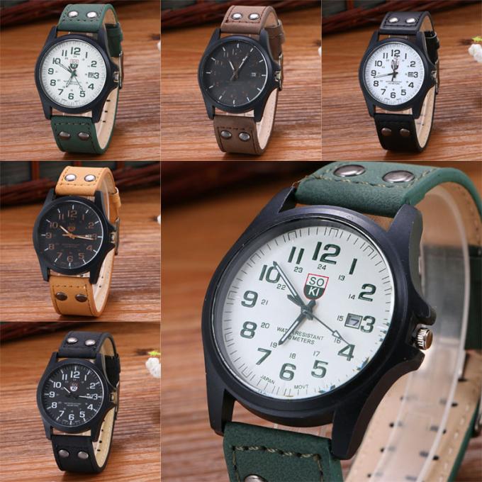 WJ-6931 2018 SOKIの日付が付いている人の水晶腕時計のための真新しい設計マッチ色の革腕時計