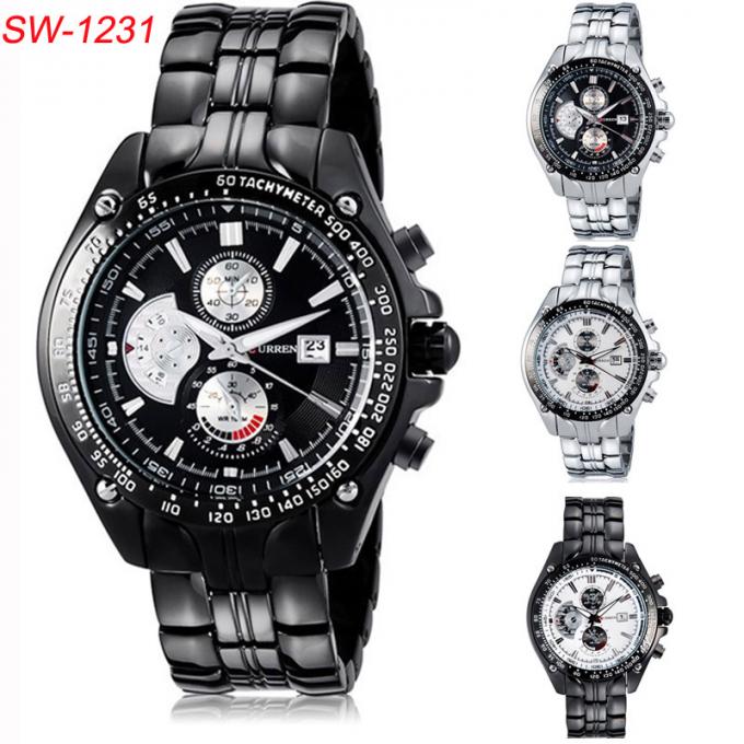 WJ-5911 CURREN 8225の上限の偶然の男性用ダイヤルのカレンダーの腕時計の防水青く軽い水晶革腕時計